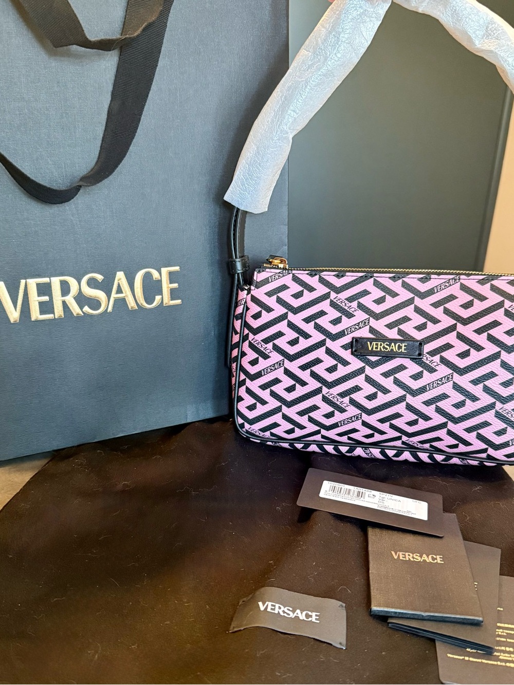 Versace La Greca Signature Shoulder Bag Pink Black Canvas Gold Metal Authentic - Picture 16 of 16